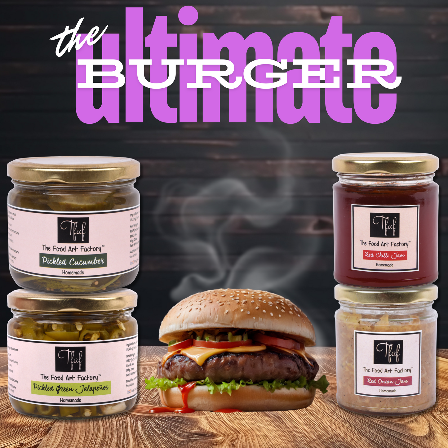 The Food Art Factory Burger Bundle with Caramalised Onion Jam, Red Chilli Jam, Pickled Cucumber & Pickled Green Jalapenos